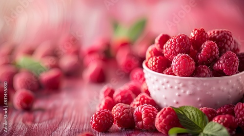 Looking background with raspberries in a bowl on a wooden table  closeup. 