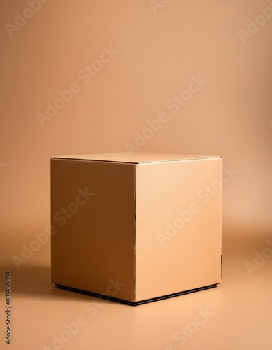 Empty kraft square box on a beige background, mockup.