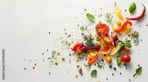  Delicious vegetables, herbs and spices flying through the air on a white background, in the style of food photography. 