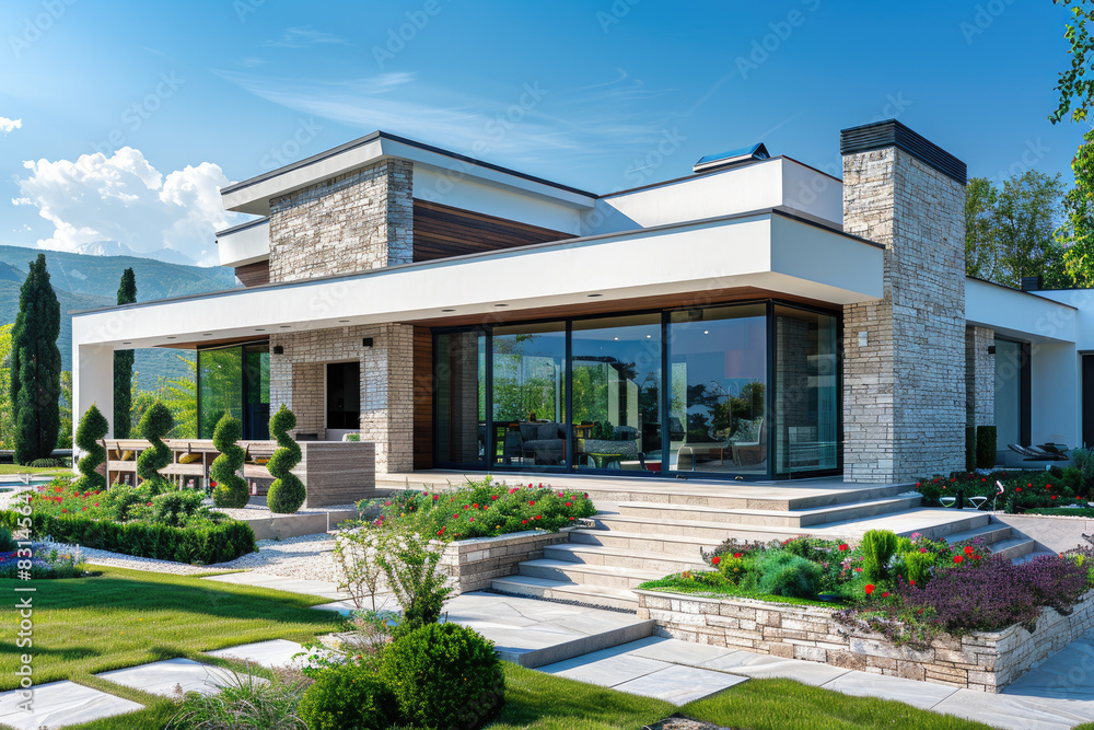 A large two-story house with panoramic windows, in stone style, surrounded by flowers and plants. Vacation home. Construction and real estate A large two-story house with panoramic windows, in stone style, surrounded by flowers and plants. Vacation home. Construction and real estate