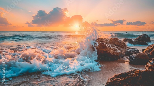 The image is of a beach at sunset. The sun is setting over the ocean, and the waves are crashing on the shore.  photo