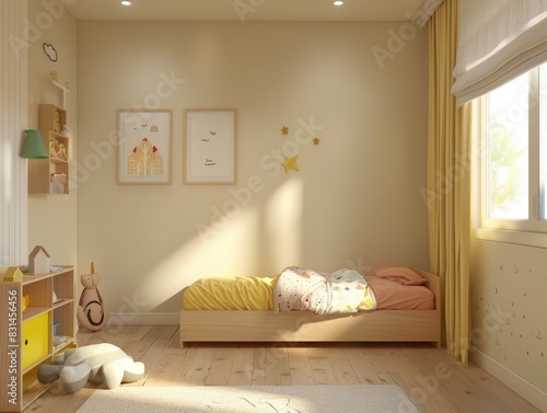 A bedroom with a yellow curtain and a bed with a pink blanket. There are two pictures on the wall, one of a house and the other of a star. A teddy bear is on the floor