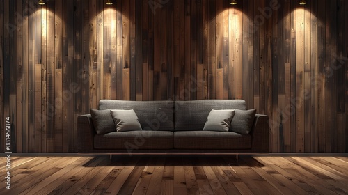 Dark gray sofa against wooden wall with spotlights. Modern interior design of modern living room