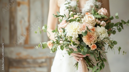 Bride holding a bouquet of pink and orange roses with greenery, detailed lace wedding dress, ideal for wedding decor, bridal photography, and floral arrangement ideas