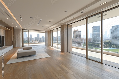 Modern apartment with floor to ceiling windows  city views  and minimalist decor creating a bright and airy space