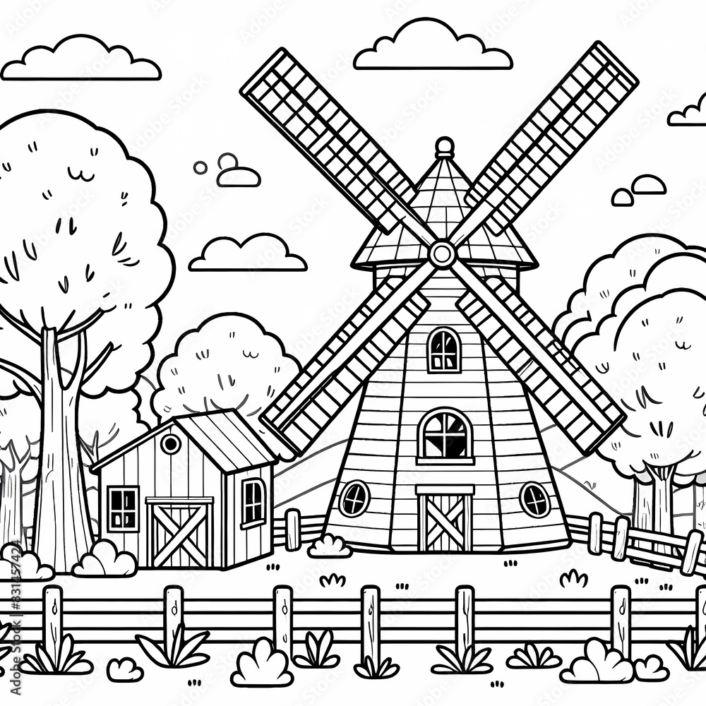 A coloring page featuring a farm with a windmill, barn, and fence. A coloring page featuring a farm with a windmill, barn, and fence.