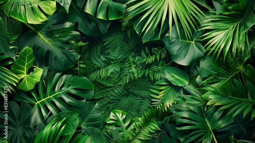 A detailed view of lush green leaves and palm fronds. top view with a focus on the rich, dark tones of the tropical foliage, embodying a natural, moody aesthetic. Wallpaper