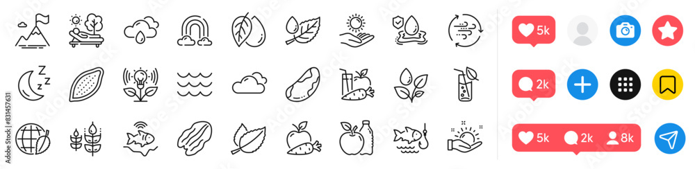 Obraz premium Wind energy, Plants watering and Apple line icons pack. Social media icons. Waves, Juice, Pecan nut web icon. Water glass, Sunny weather, Sun protection pictogram. Vector