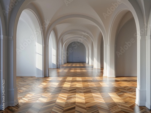 A long  narrow room with white walls and wooden floors. The room is empty and has a very clean and minimalist look