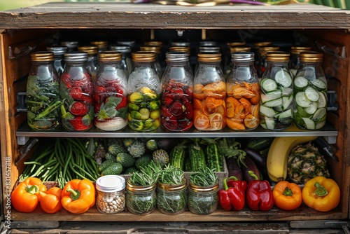 Colorful bar shelves with assorted pickled vegetables in jars creating a vibrant and eclectic display