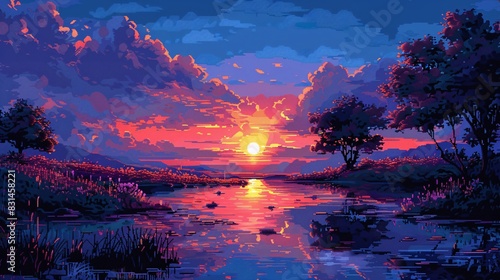 Pixel art landscape with vibrant colors and simple shapes, depicting a tranquil nature scene photo
