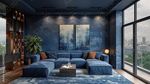 Blue Couches and Large Window in Living Room