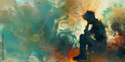 Silhouette Of Person Sitting In Deep Thought Against Colorful Abstract Background. Abstract Artwork