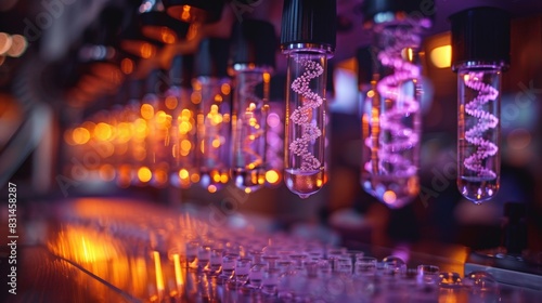 Rows of test tubes filled with glowing purple liquid in a laboratory setting, representing advanced scientific research and biotechnology.