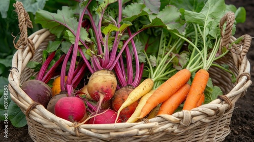 A variety of fresh root vegetables  including beets  carrots  and radishes  arranged in a woven basket  showcasing their earthy textures and vibrant colors  photography  taken with a 50mm lens