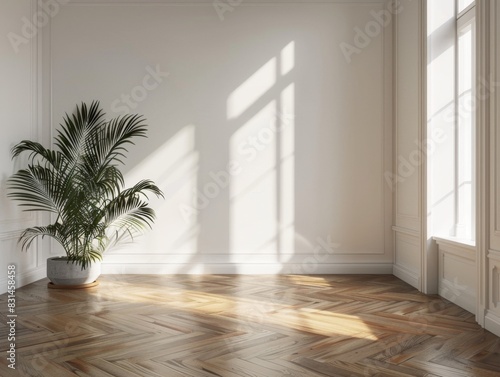 A large empty room with a large potted plant in the center. The room is very bright and airy, with sunlight streaming in through the windows. The plant is tall and green