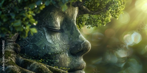 Stone Face Blended With Tree Roots And Leaves, Symbolizing Harmony Between Nature And Humanity © pibi37.studio