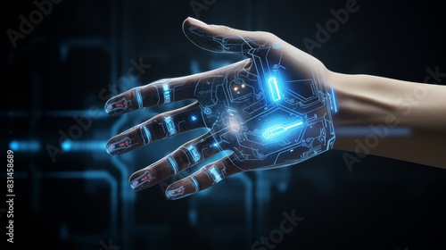 Futuristic AI Robot Hand with Holographic Display