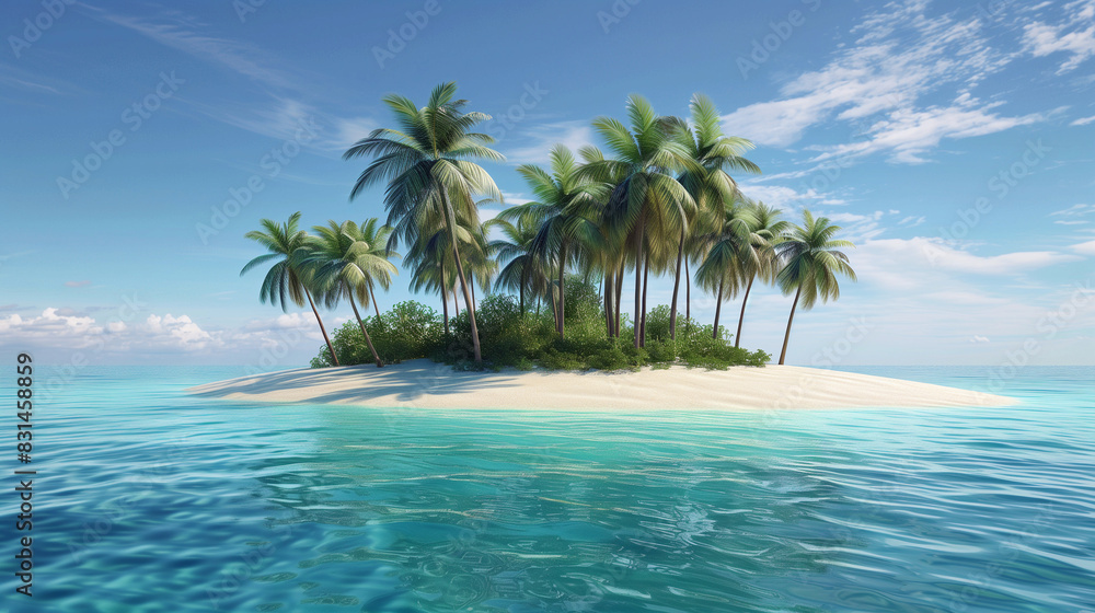 A small island with palm trees and a blue ocean