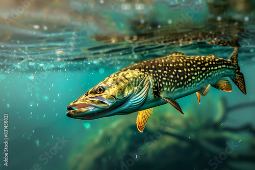 Pike swimming in clear water with underwater vegetation, serene natural environment