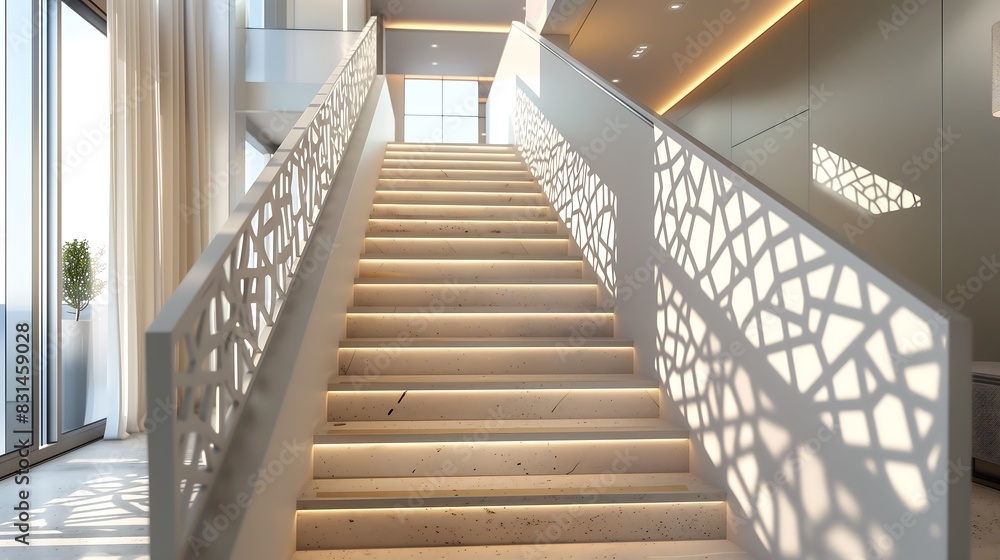 Fototapeta premium A modern staircase with a geometric patterned railing design