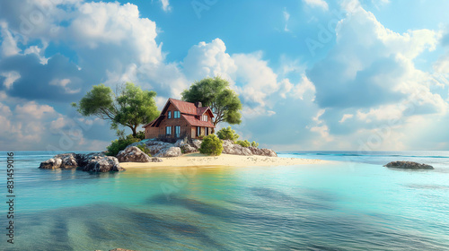 Fototapeta Naklejka Na Ścianę i Meble -  A small house is on a small island in the ocean