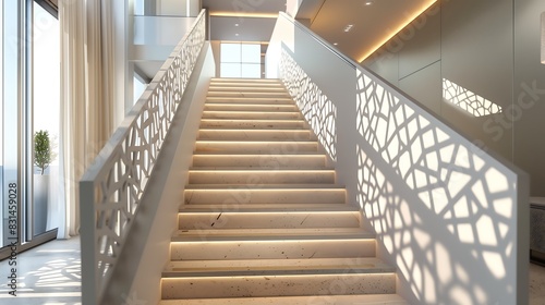 A modern staircase with a geometric patterned railing design