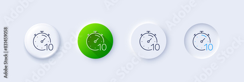 Timer 10 minutes line icon. Neumorphic, Green gradient, 3d pin buttons. Stopwatch time sign. Countdown clock symbol. Line icons. Neumorphic buttons with outline signs. Vector