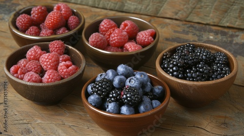 An assortment of berries  including raspberries  blackberries  and blueberries  displayed in small bowls  rich in color and texture  fresh and delicious  photography  taken with a 50mm lens