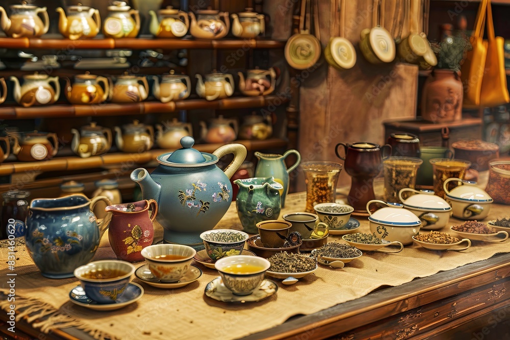 A table overflowing with an array of vibrant bowls and plates, a bustling scene filled with colors and textures in a lively tea market. Generative AI A table overflowing with an array of vibrant bowls and plates, a bustling scene filled with colors and textures in a lively tea market. Generative AI