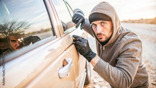 Professional Close-up of Thief in Black Gloves Trying to Break Car Lock photo