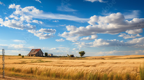 a wheat field with a house in the distance