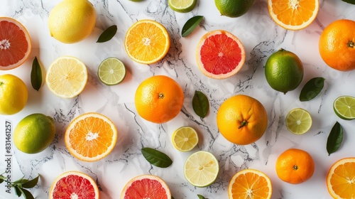 A selection of whole and sliced citrus fruits  including oranges  lemons  and limes  arranged in a visually appealing pattern on a white marble background  zesty and bright  photography  wide-angle