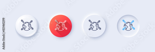 World vaccination line icon. Neumorphic, Red gradient, 3d pin buttons. Corona syringe sign. Covid vaccine symbol. Line icons. Neumorphic buttons with outline signs. Vector