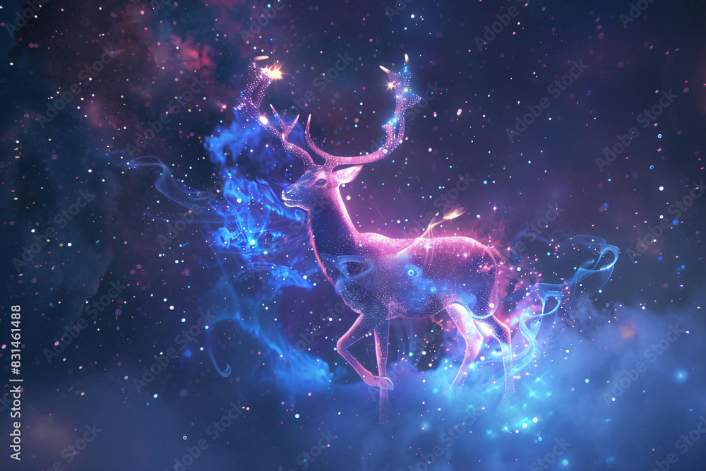 A deer is depicted in a space background with a purple and blue color scheme