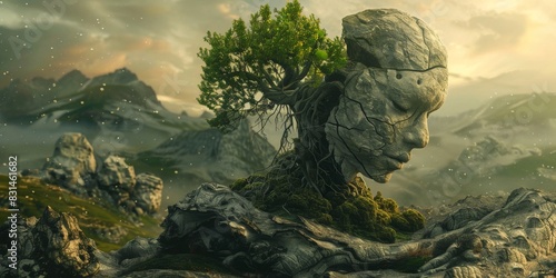 Tree Emerging From Cracked Stone Face Amidst Scenic Mountainous Terrain, Surreal Illustration photo