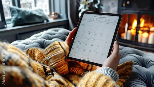 Person in a cozy sweater using a tablet to check their calendar while sitting by the fireplace on a cold day. photo