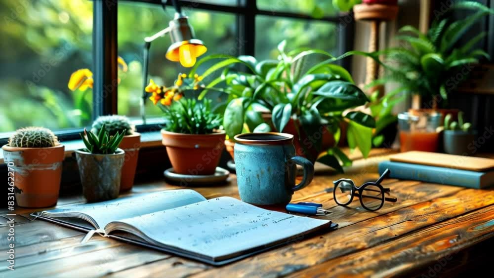 A cozy home workspace with a calendar, mug, glasses, and various potted plants creating a serene and productive environment. A cozy home workspace with a calendar, mug, glasses, and various potted plants creating a serene and productive environment.