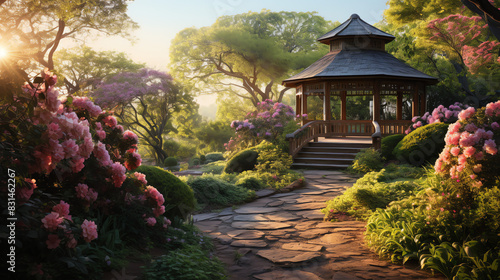 A stone path leads through a garden of green bushes and pink azalea flowers to a wooden gazebo in the distance. photo