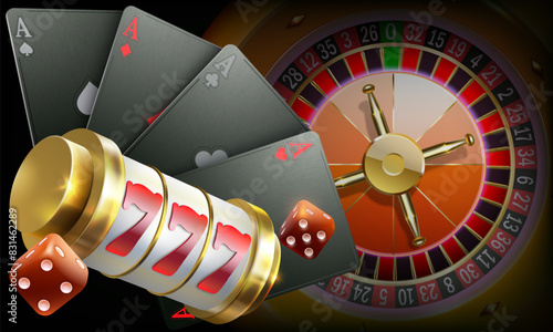 Casino win concept. Slot Machine , сards, craps and roulette.Winning combination numbers of lucky three sevens jackpot. Casino advertising template. Vector gambling illustration.