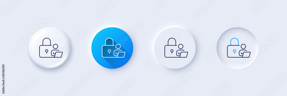 Lock line icon. Neumorphic, Blue gradient, 3d pin buttons. Security access sign. Online padlock symbol. Line icons. Neumorphic buttons with outline signs. Vector Lock line icon. Neumorphic, Blue gradient, 3d pin buttons. Security access sign. Online padlock symbol. Line icons. Neumorphic buttons with outline signs. Vector