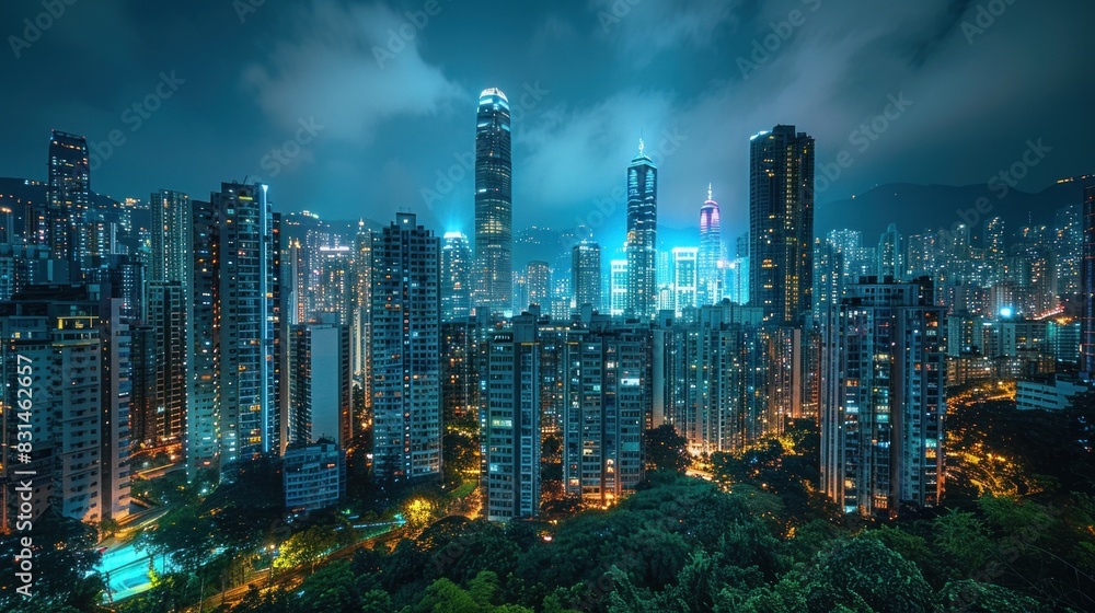 A panoramic shot of a bustling city skyline, dotted with towering skyscrapers adorned with energy-efficient LED lights, illuminating the night with a gentle glow. A panoramic shot of a bustling city skyline, dotted with towering skyscrapers adorned with energy-efficient LED lights, illuminating the night with a gentle glow.