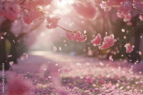 Immerse yourself in the tranquil beauty of a park adorned with blooming cherry blossom trees, as delicate pink petals dance in the gentle breeze.