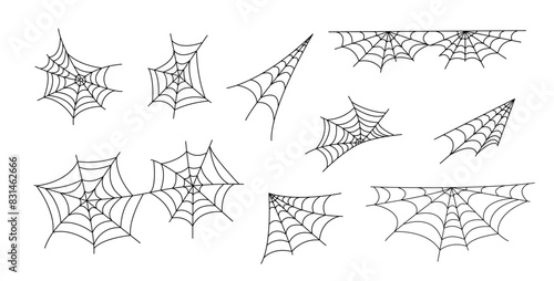 Spider webs set simple hand drawn vector outline illustration of doodle fancy Halloween scary decor elements, clipart perfect for Halloween party design, cartoon spooky character