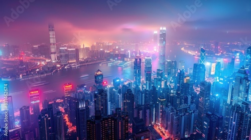A panoramic shot of a bustling city skyline, dotted with towering skyscrapers adorned with energy-efficient LED lights, illuminating the night with a gentle glow. © 2D_Jungle