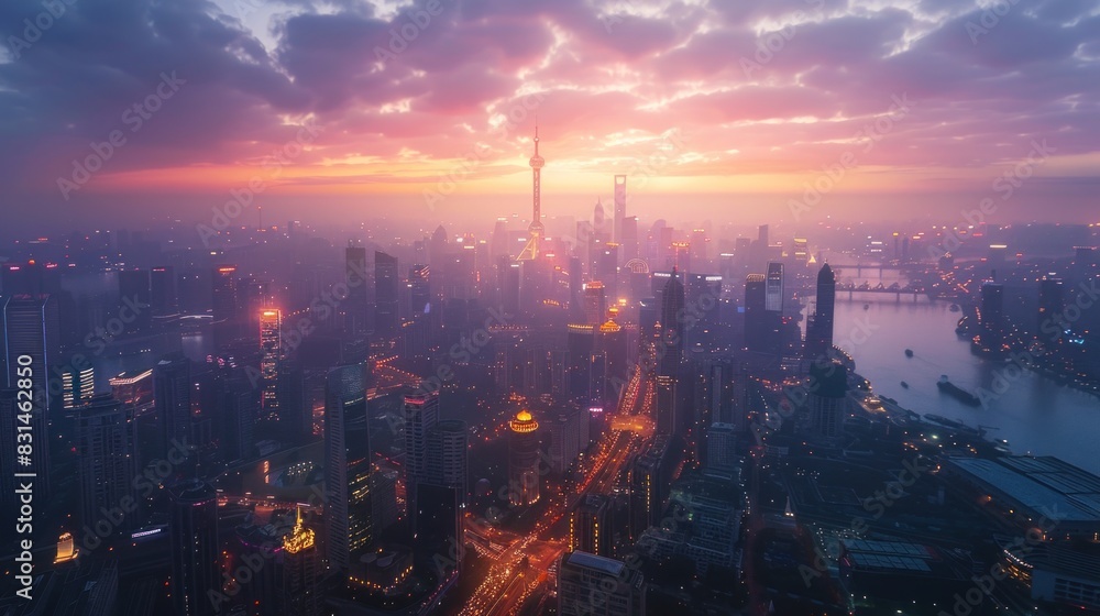 Fototapeta premium A time-lapse of a bustling metropolis transitioning from day to night, showcasing the seamless integration of solar panels and wind farms into urban landscapes.