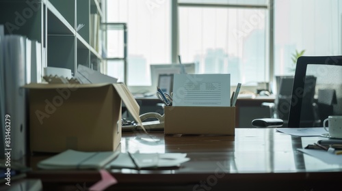 A desk with a termination letter prominently displayed, and a box filled with personal belongings ready to be taken away. The scene captures the reality of job loss in a business setting. © tantawat