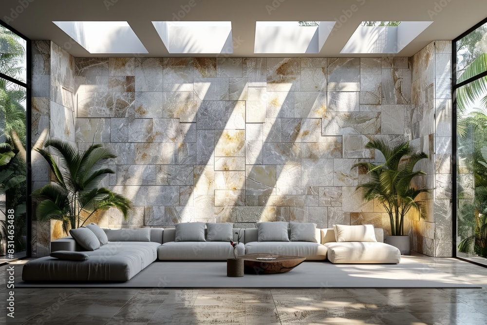 © Leo Rohmann - Luxurious living room with marble walls, modern furniture, and abundant natural light creating a bright and elegant space © Leo Rohmann - Luxurious living room with marble walls, modern furniture, and abundant natural light creating a bright and elegant space