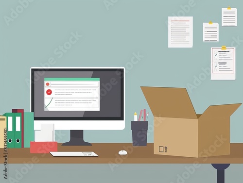 A computer screen showing an email with a termination notice, with a box of personal items sitting on the desk. The scene reflects the suddenness and impact of the job termination. photo
