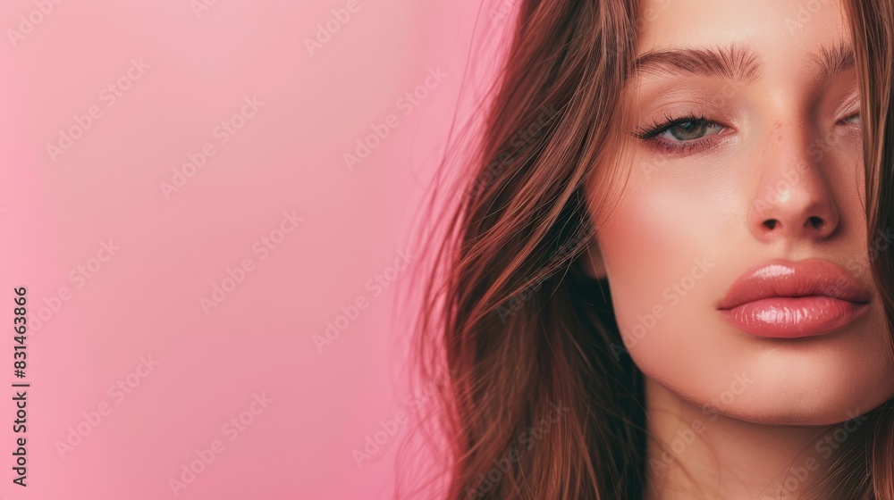 Close-up of a young woman's face with glossy lips and smooth skin against a pink background. Ideal for lip augmentation and skincare ads. Close-up of a young woman's face with glossy lips and smooth skin against a pink background. Ideal for lip augmentation and skincare ads.